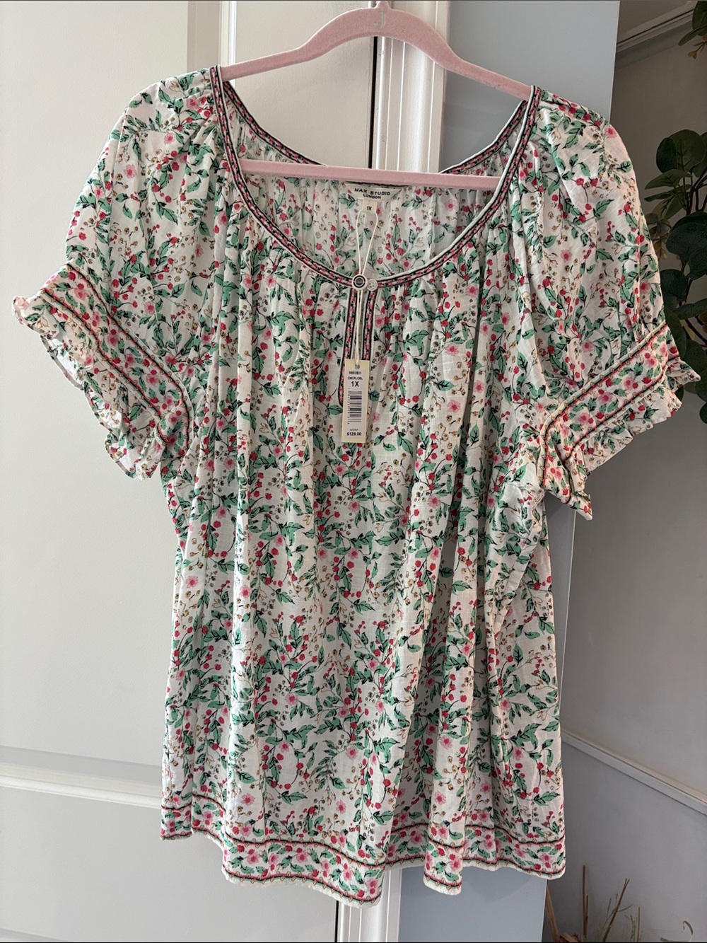 Max Studio White Floral Scoop Neck Blouse with Green & Pink
